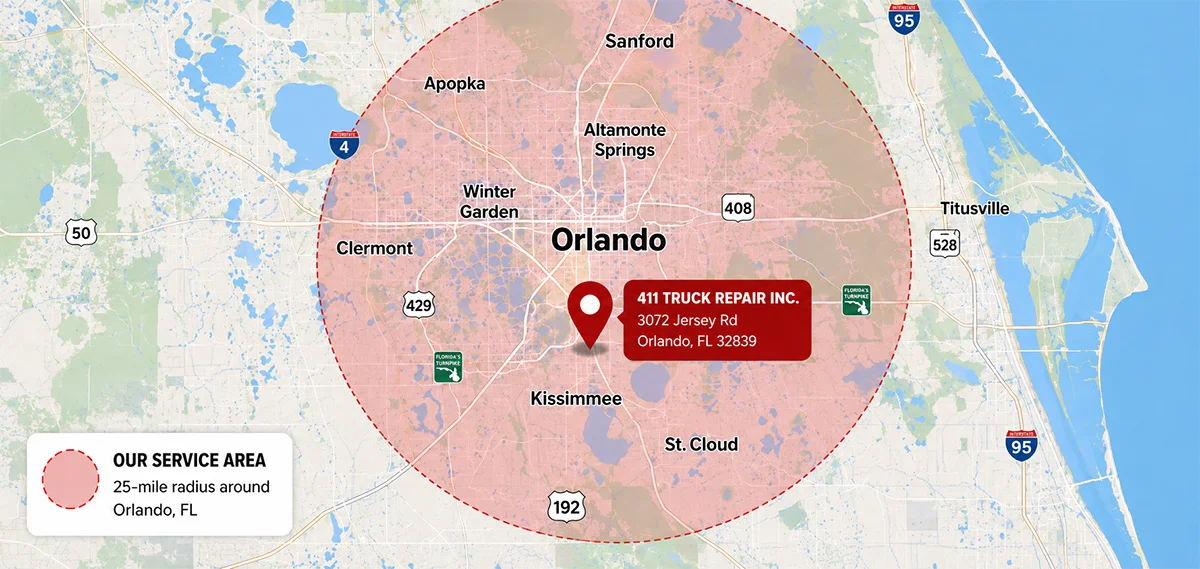 441 Truck Repair service area map covering Orlando and surrounding Central Florida areas